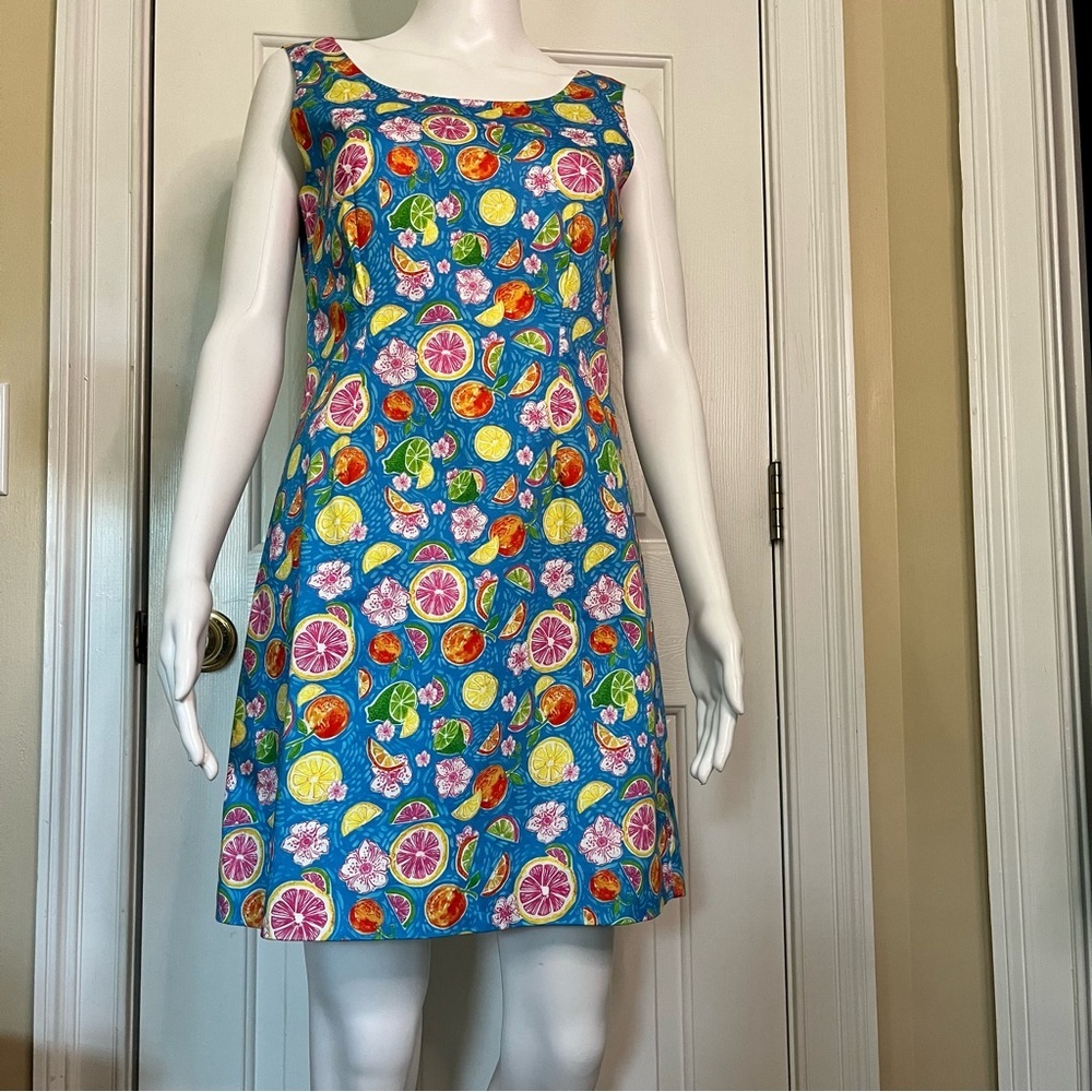 Kaeli Smith Women's Colorful Blue Yellow Sleeveless Citrus Print Mini Dress Sz 6